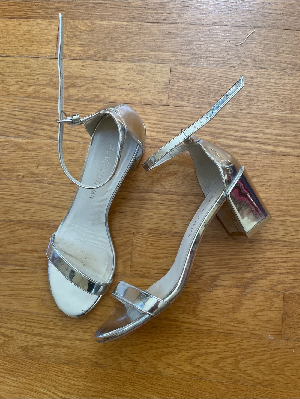 Stuart Weitzman Simple Silver Block Heel Sandals